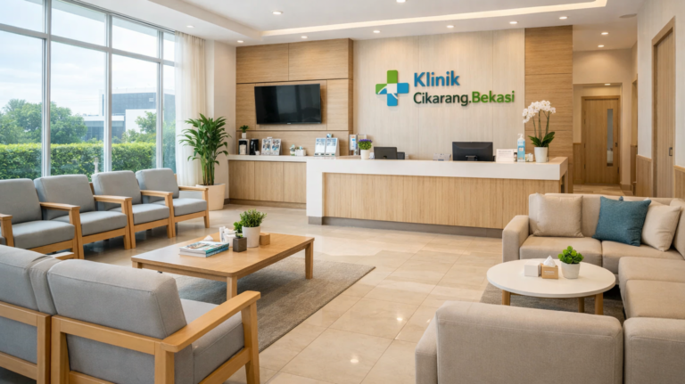 Desain interior ruang tunggu klinik modern yang bersih dan nyaman dengan pencahayaan alami di Cikarang Bekasi.