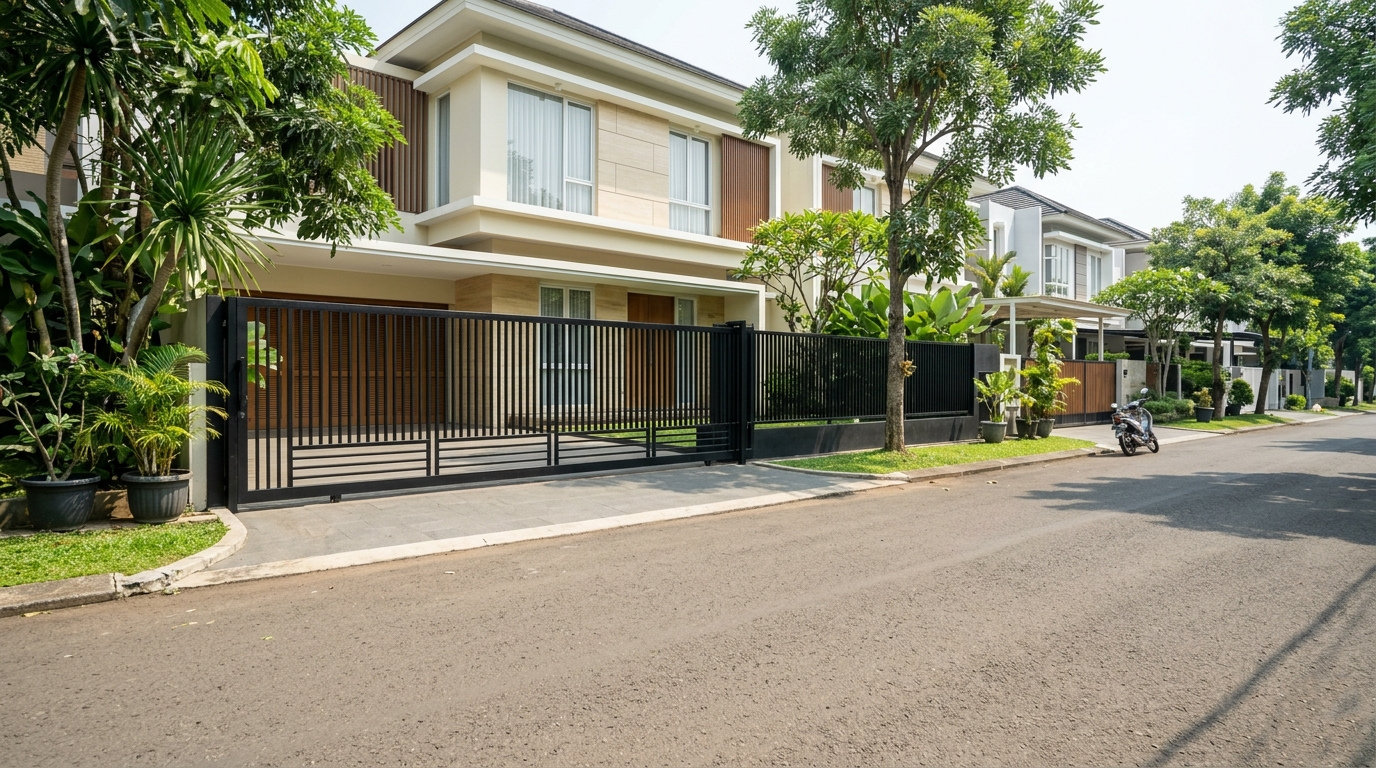 Tampilan zoom out jauh dari fasad rumah modern dua lantai di Jagakarsa yang dilengkapi dengan pagar besi minimalis hitam yang kokoh, terlihat dari seberang jalan dengan latar belakang perumahan yang asri dan tenang.