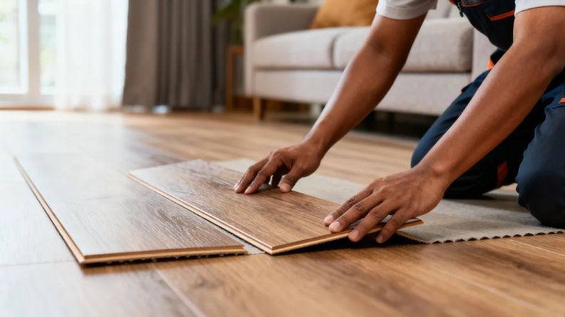 Teknisi ahli sedang melakukan proses jasa pemasangan vinyl Cilandak di lantai ruang tamu.
