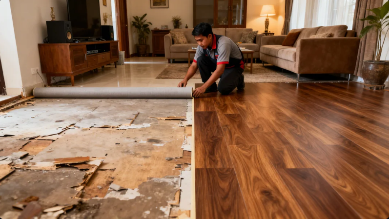 Pemasangan lantai vinyl motif kayu di ruang tamu rumah Jakarta Timur.