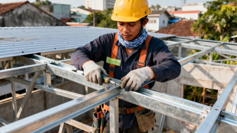 Pemasangan kanopi baja ringan minimalis oleh tukang ahli di Cilandak Jakarta Selatan.