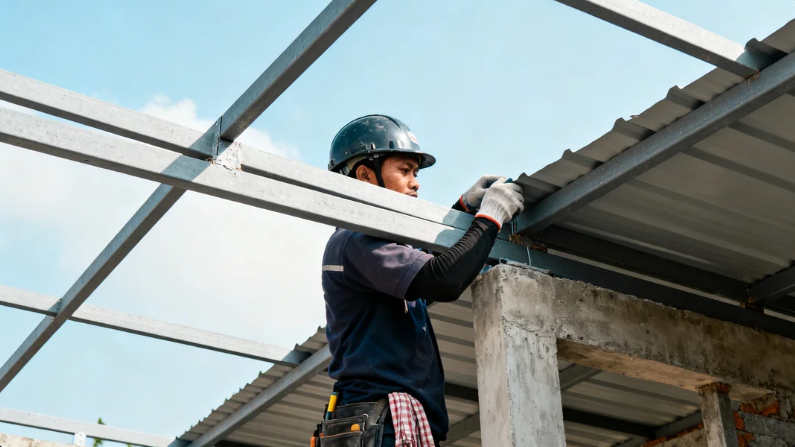 Pemasangan rangka atap baja ringan oleh tukang profesional di Jakarta Selatan.