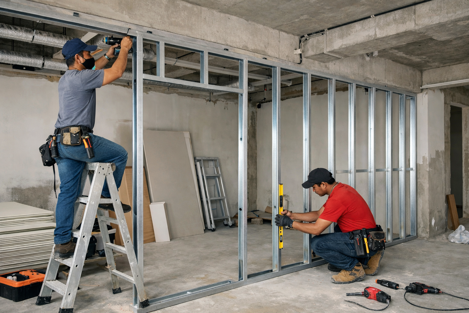 Pemasangan rangka partisi gypsum minimalis oleh tukang profesional di area Cilandak Jakarta Selatan.