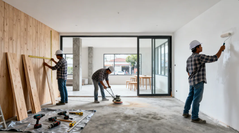 Proses pengerjaan proyek renovasi rumah di kawasan Matraman Jakarta Timur.