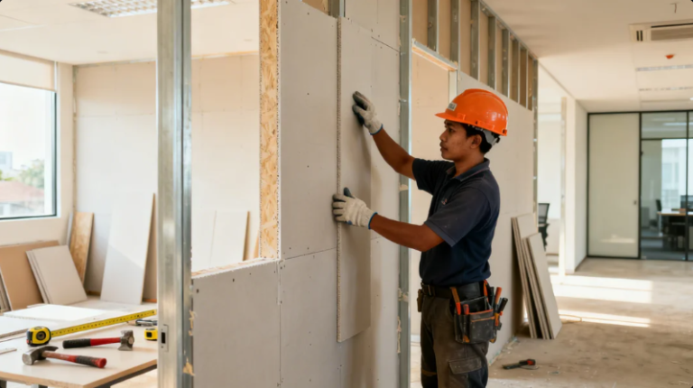 Tukang sedang mengerjakan pemasangan sekat ruangan gypsum di kantor Jagakarsa.