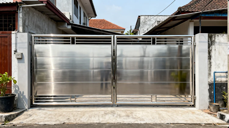 Pagar stainless steel minimalis modern hasil pengerjaan jasa profesional di kawasan Cilandak Jakarta Selatan yang mengkilap.