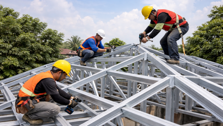 Hasil kerja tukang kanopi baja ringan minimalis dengan atap alderon di perumahan Jakarta Selatan.