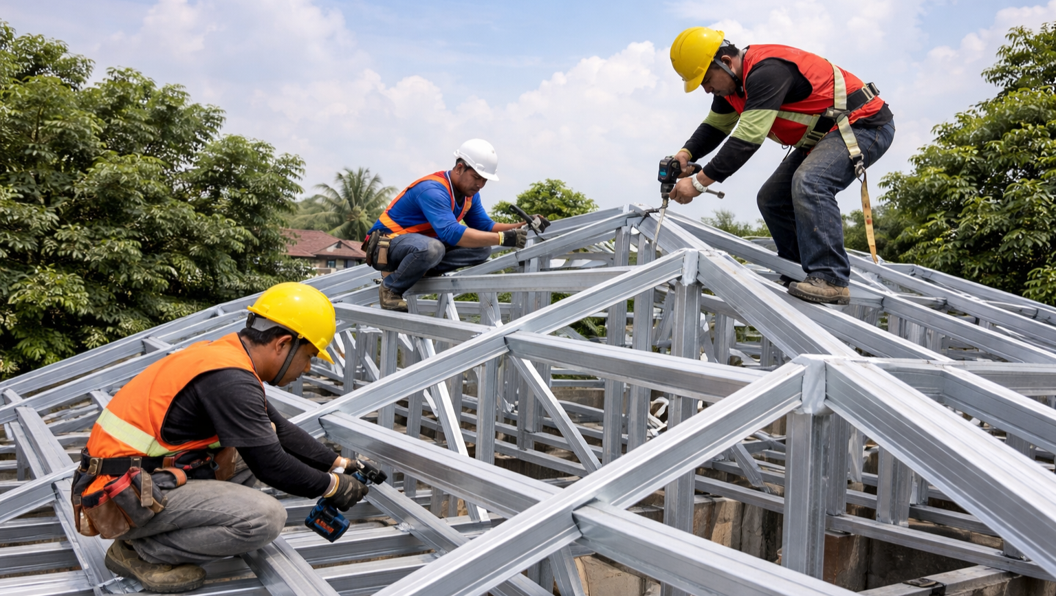 Hasil kerja tukang kanopi baja ringan minimalis dengan atap alderon di perumahan Jakarta Selatan.