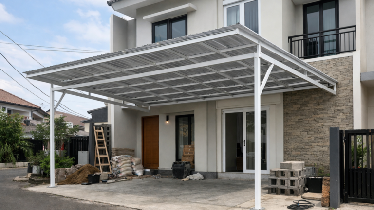 Kanopi minimalis modern hasil pengerjaan jasa pembuatan kanopi Jakarta Timur profesional menggunakan rangka besi hollow hitam.