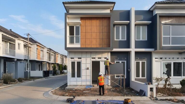 Desain fasad rumah minimalis modern di Jakarta Selatan dengan aksen kayu dan pencahayaan hangat.