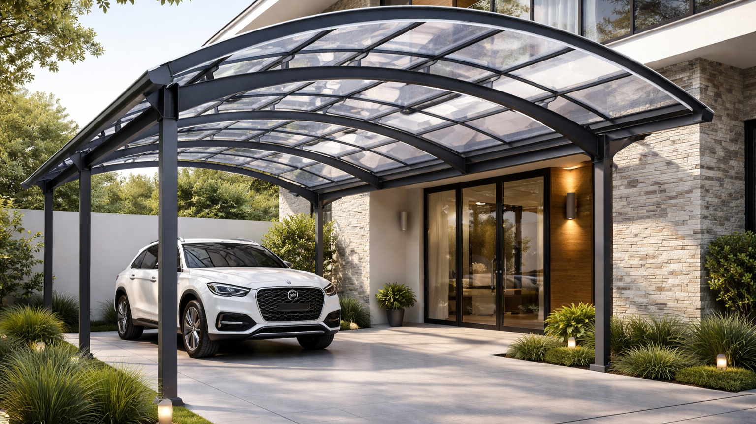 Hasil pengerjaan kanopi polycarbonate transparan yang elegan