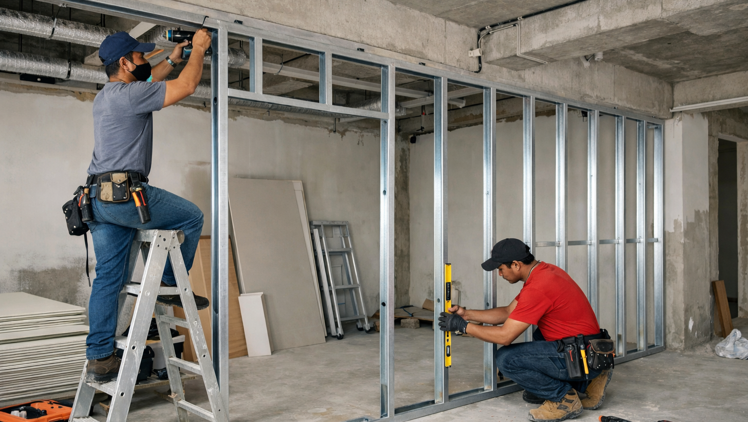 Proses pemasangan rangka metal hollow untuk partisi gypsum di Jakarta Timur oleh tim ahli profesional.