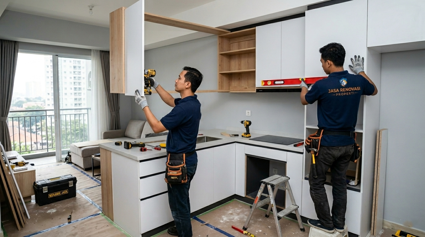 Proses pengerjaan kitchen set minimalis oleh jasa renovasi apartemen profesional.