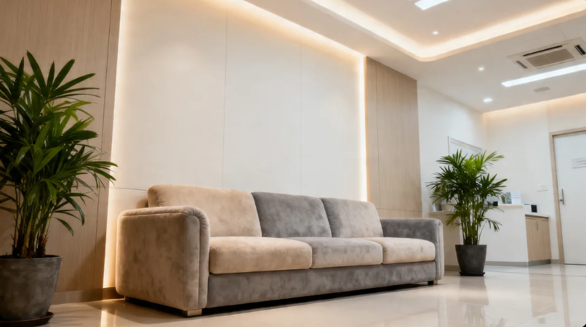 Hasil akhir ruang tunggu pasien modern oleh Jasa Renovasi Klinik di Pasar Rebo.