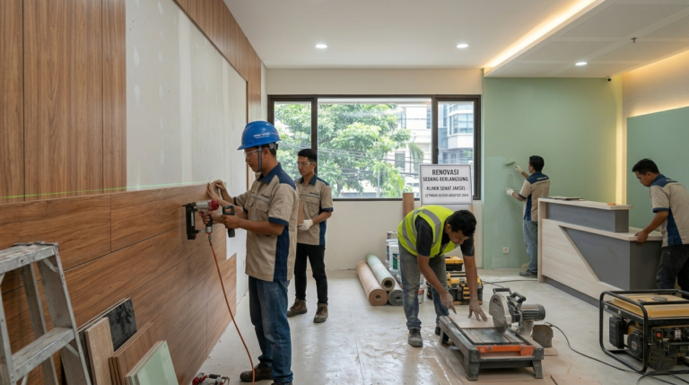 Tim profesional melakukan renovasi ruang tunggu klinik yang nyaman di Jaksel.