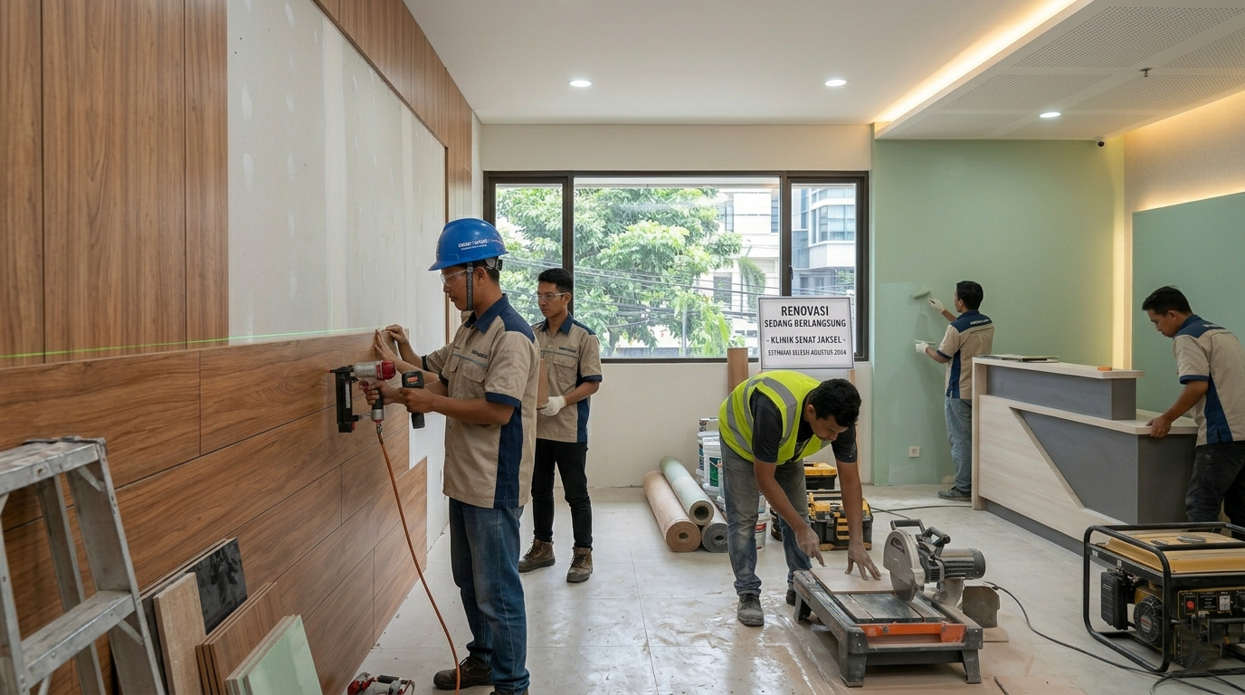 Tim profesional melakukan renovasi ruang tunggu klinik yang nyaman di Jaksel.