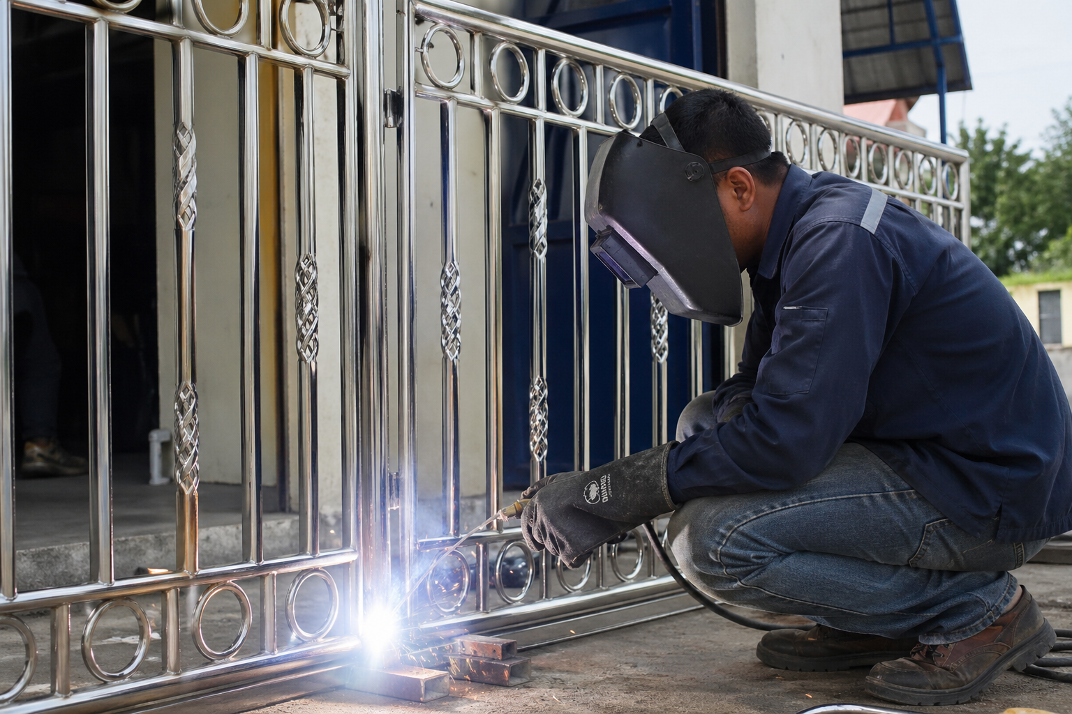Tukang las profesional Jasa Renovasi Properti sedang merakit pagar stainless anti karat berkualitas tinggi.