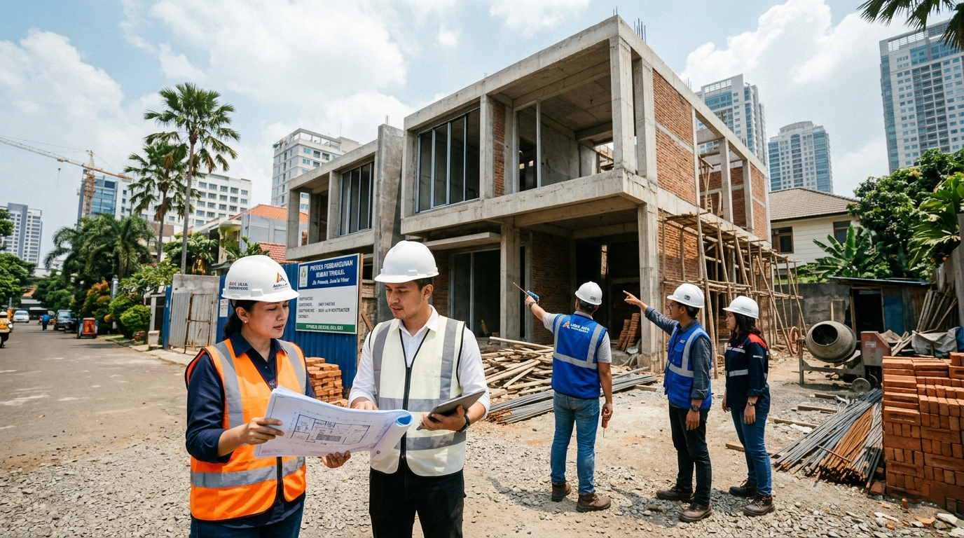 Tim kontraktor profesional sedang meninjau proyek pembangunan rumah Jakarta.