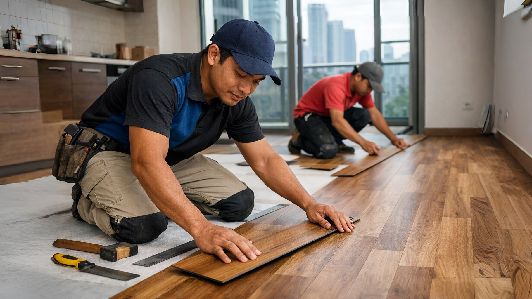 Tukang sedang mengerjakan proses instalasi lantai kayu vinyl di sebuah ruangan rumah minimalis di Jakarta Selatan.
