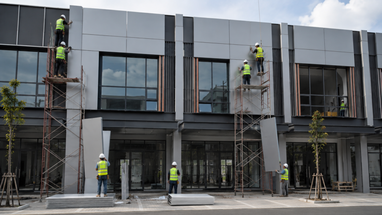 Desain fasad ruko minimalis menggunakan material ACP premium warna abu