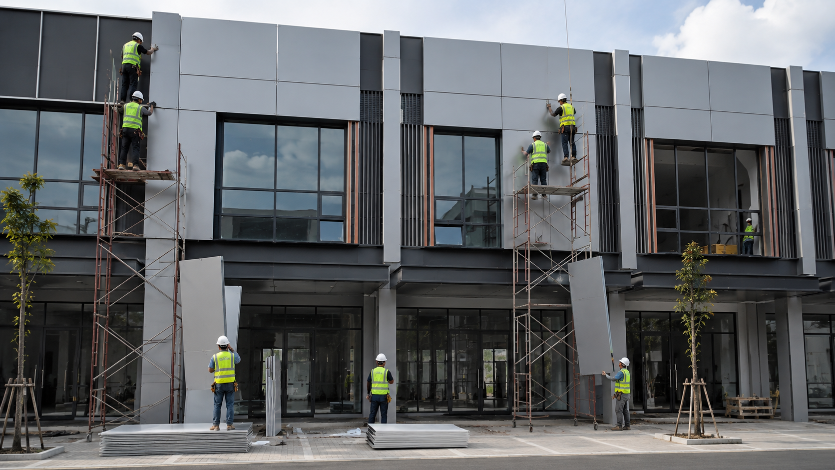 Desain fasad ruko minimalis menggunakan material ACP premium warna abu