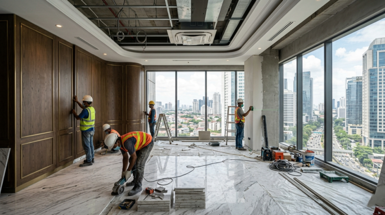 Hasil akhir desain interior minimalis untuk hunian apartemen di Jakarta Selatan dengan pencahayaan yang sempurna.