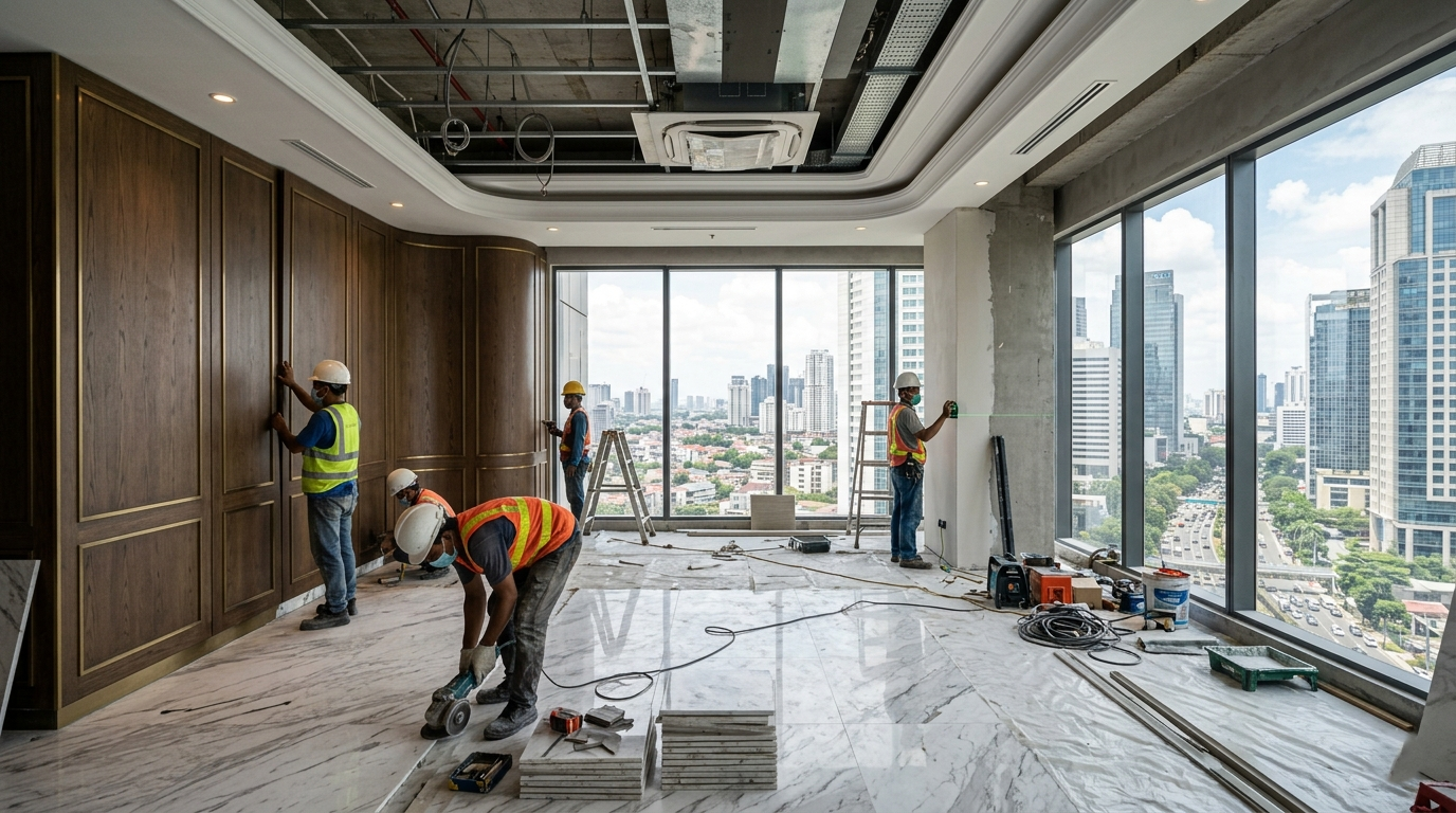 Hasil akhir desain interior minimalis untuk hunian apartemen di Jakarta Selatan dengan pencahayaan yang sempurna.