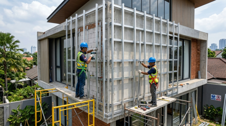 Proses pemasangan rangka aluminium untuk ACP rumah Jakarta Selatan.