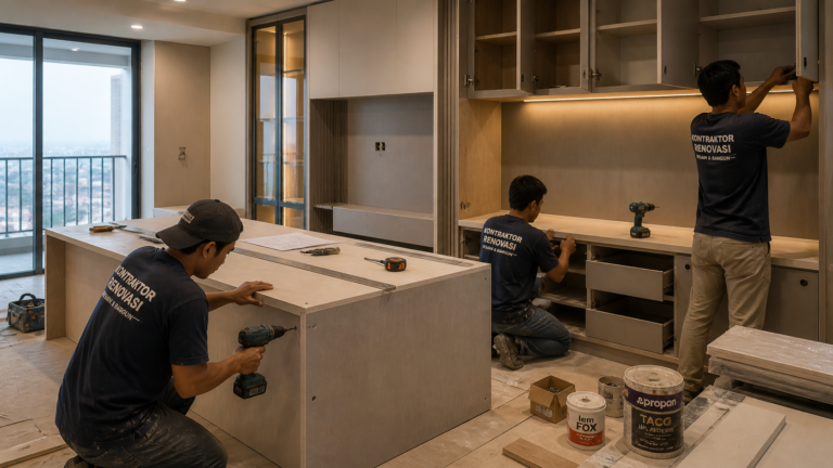 Proses pengerjaan furnitur custom oleh tenaga ahli kontraktor renovasi apartemen di Bekasi.